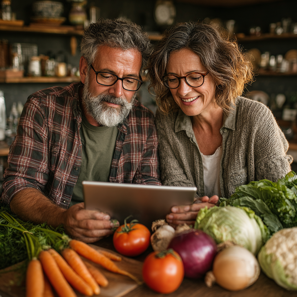 Happy middle-aged couple in their 50s reviewing personalized meal plan together on tablet while sitting at dining table with fresh healthy ingredients