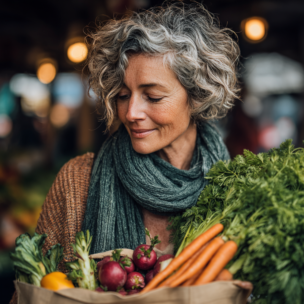 Mature adult woman in her late 40s shopping for organic fresh vegetables and fruits at local farmers market with reusable eco-friendly bags