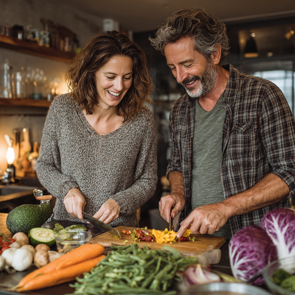 Middle-aged woman and man in their 40s preparing healthy balanced meal together in modern kitchen, smiling and enjoying cooking nutritious food